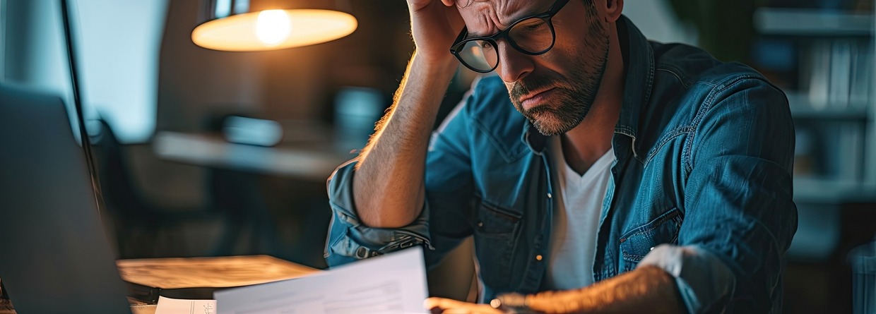 Eeen zorgelijk kijkende zakenman leest een document achter zijn bureau en laptop