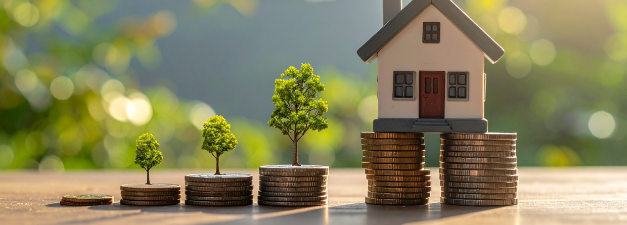 Stapels muntgeld die groter worden met boompjes erop en aan het einde een huis